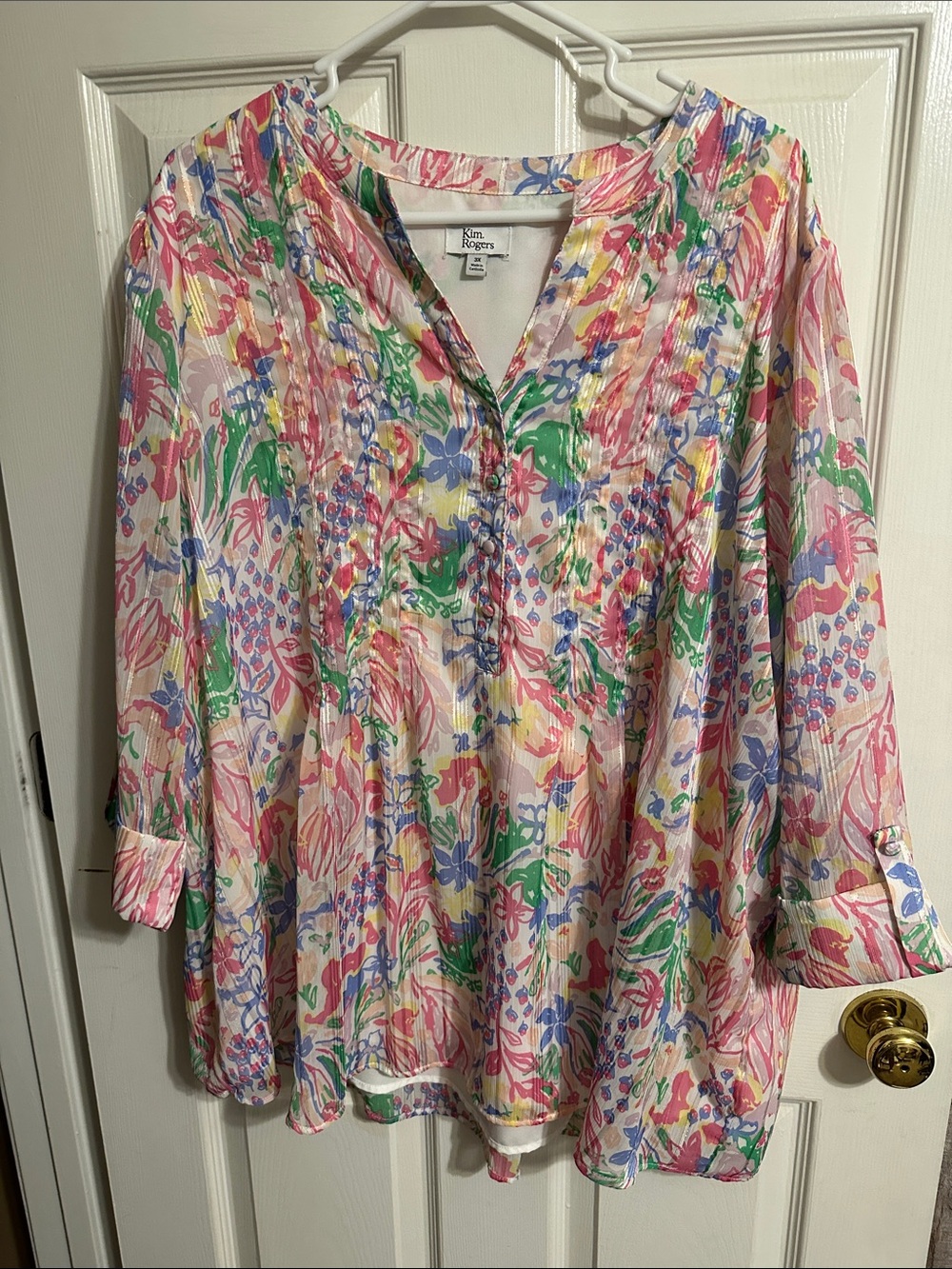 Kim Rogers Pink Multicolor Floral Pintuck Tunic Top